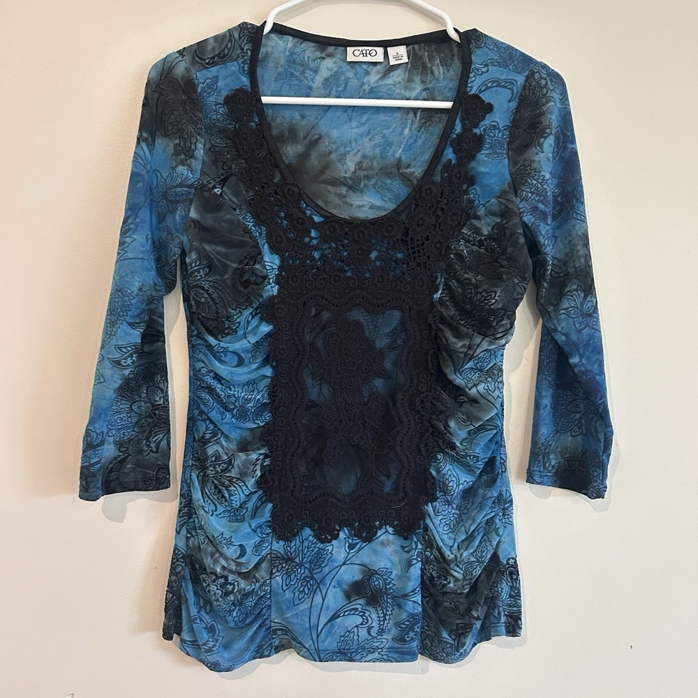 Blue Velvet Burnout Top Shirt Sz S Floral Paisley Lace Sheer Gothic Whimsigoth